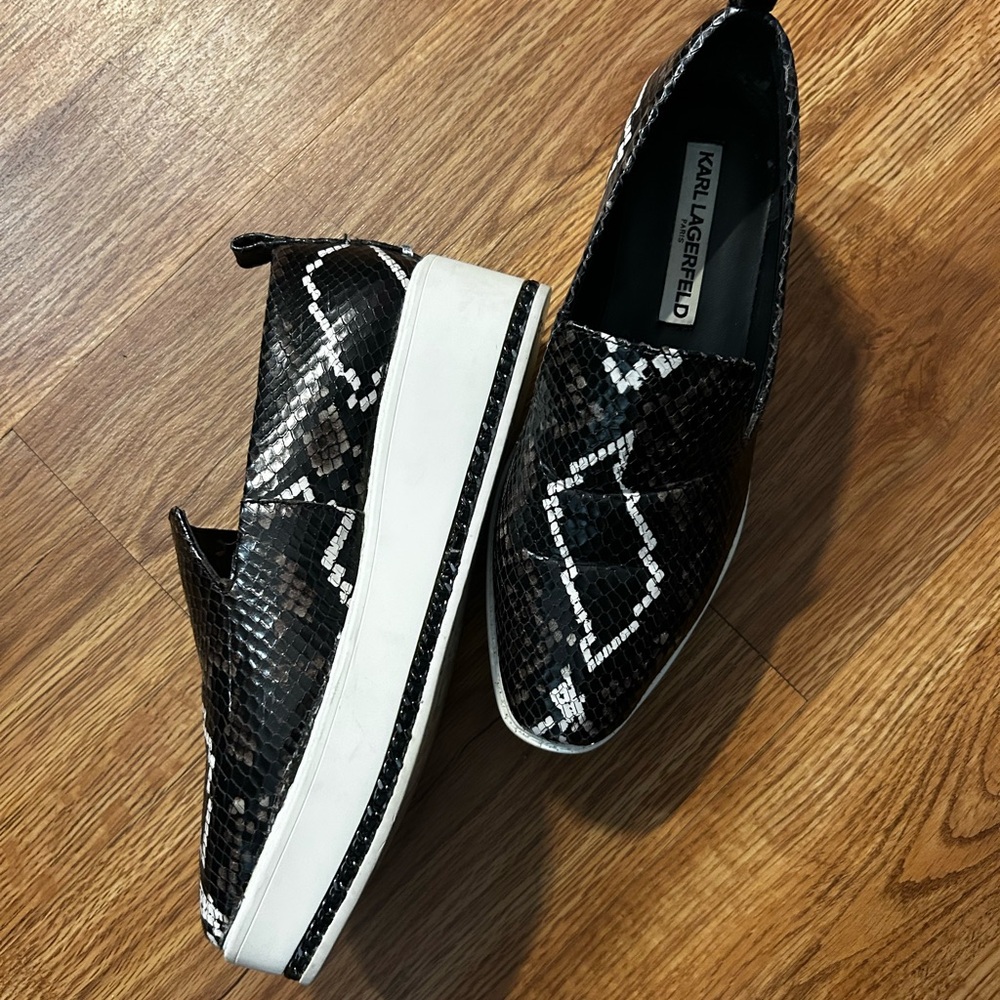 Karl Lagerfeld Black and White Snake Pattern Loafers